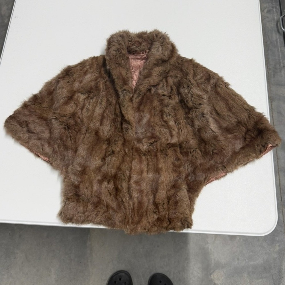 Vintage Brown Real Fur Stole Wrap Floral Satin Lining Shawl Collar Capelet
